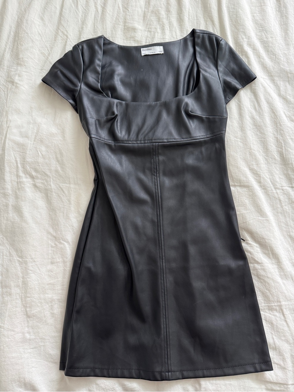 Bershka Black Faux Leather Mini Dress with Square Neck
